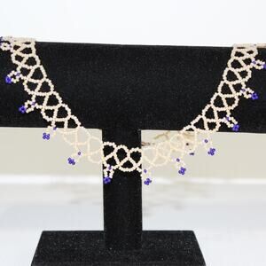 Handmade Collar Length Beaded Necklace Cream & Blue